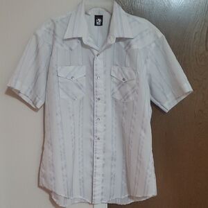 Men's White and Gray Striped Button Down Shirt